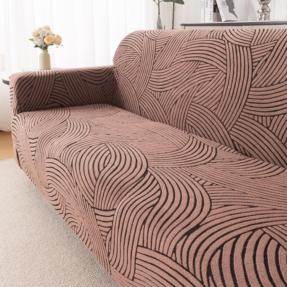 'WaveLine Series' Jacquard Sofa Cover 1/2/3/4-seater Fully Covered, Rust Brown