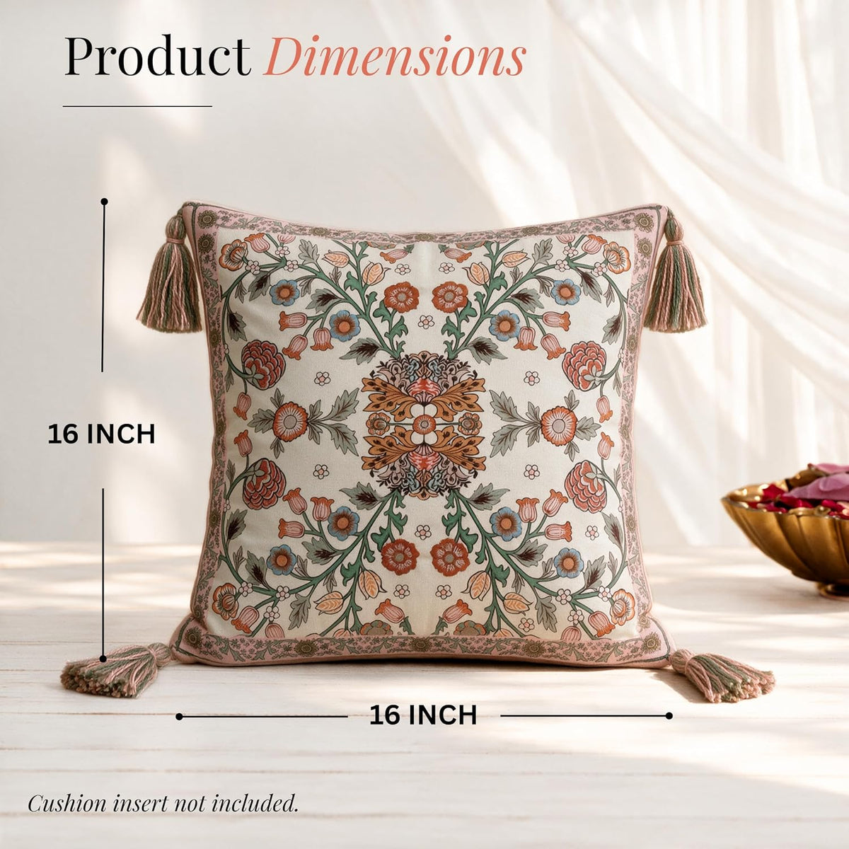 HOKIPO Floral Heritage Printed & Embroidered Cushion Cover, Saffron, Set of 2 - image 6