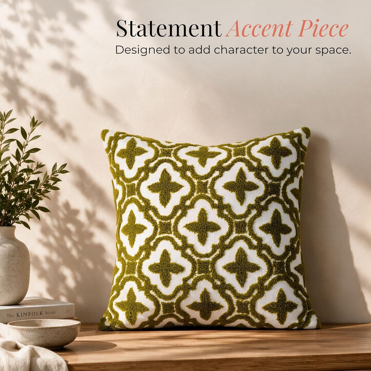 HOKIPO Crewel Bouclé Embroidered Cushion Cover, Green, 16 x 16 in - image 5