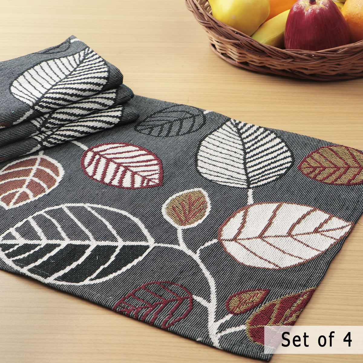 Cotton Jacquard Dining Table Mats, Grey Leaves