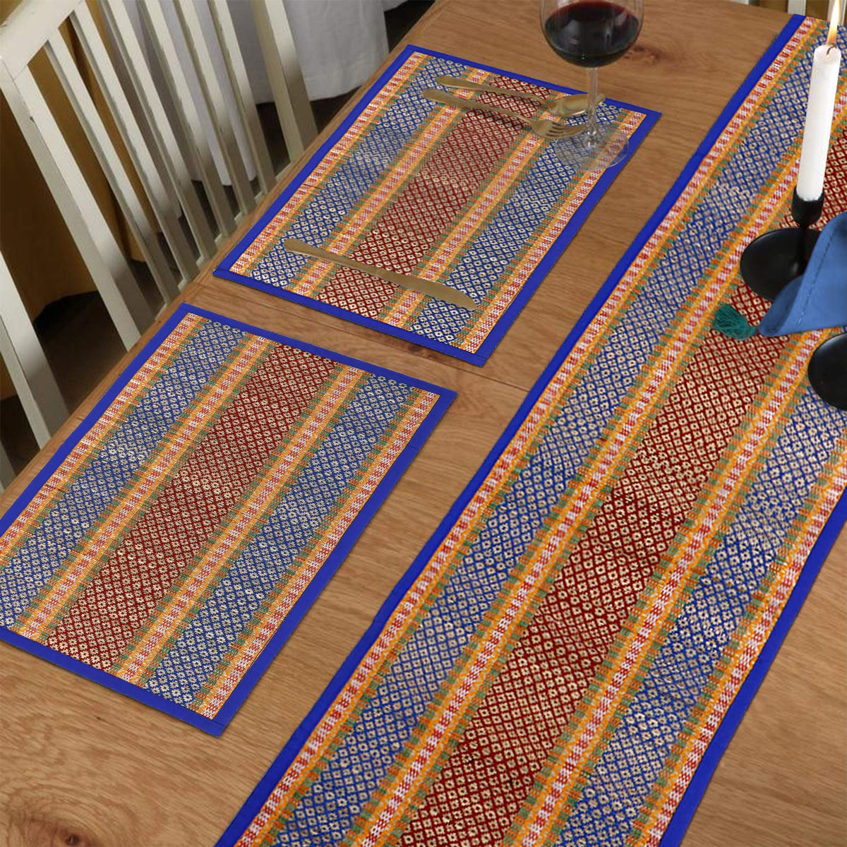 Handmade Madurkathi River Grass Dining Table Mats, Blue