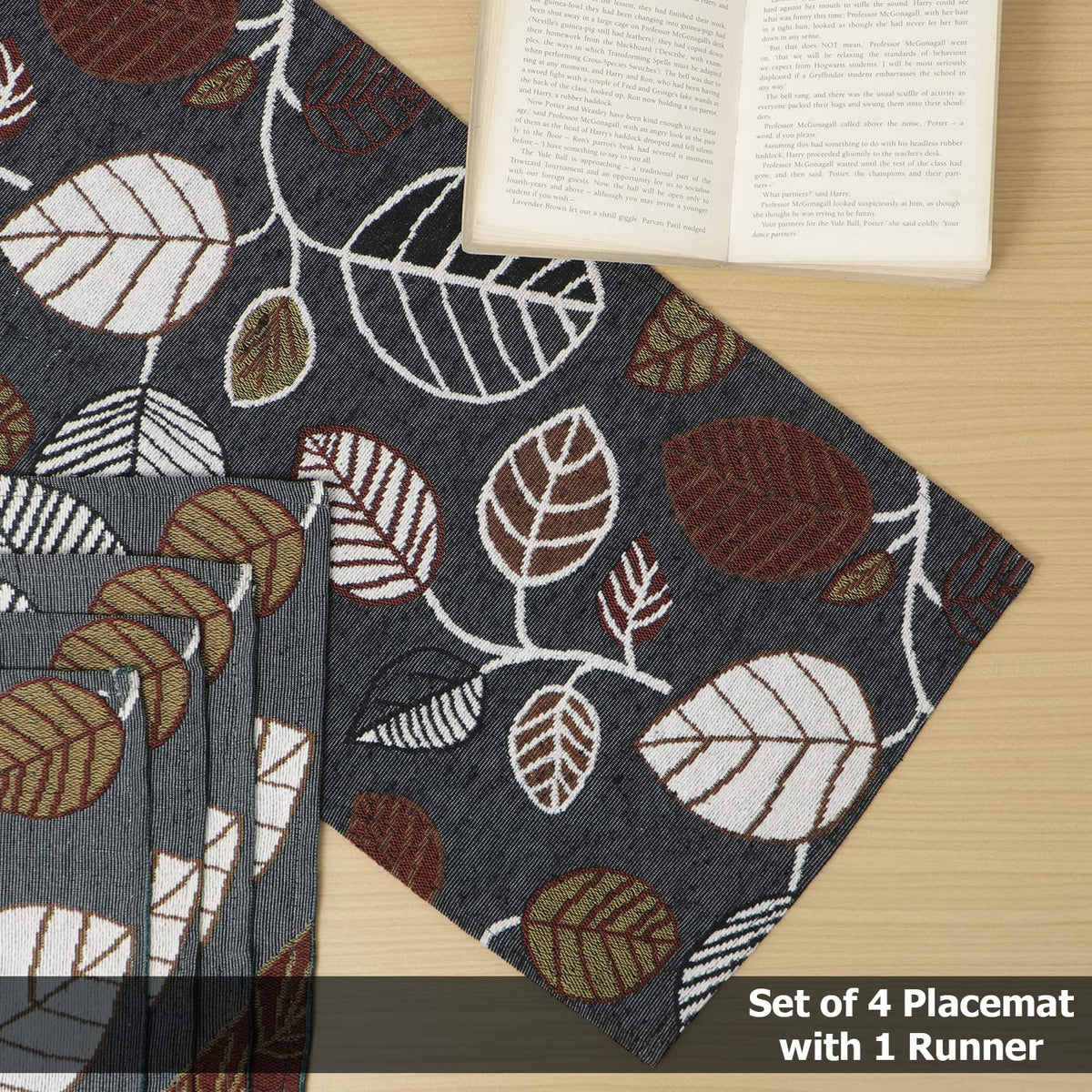 Cotton Jacquard Dining Table Mats, Grey Leaves