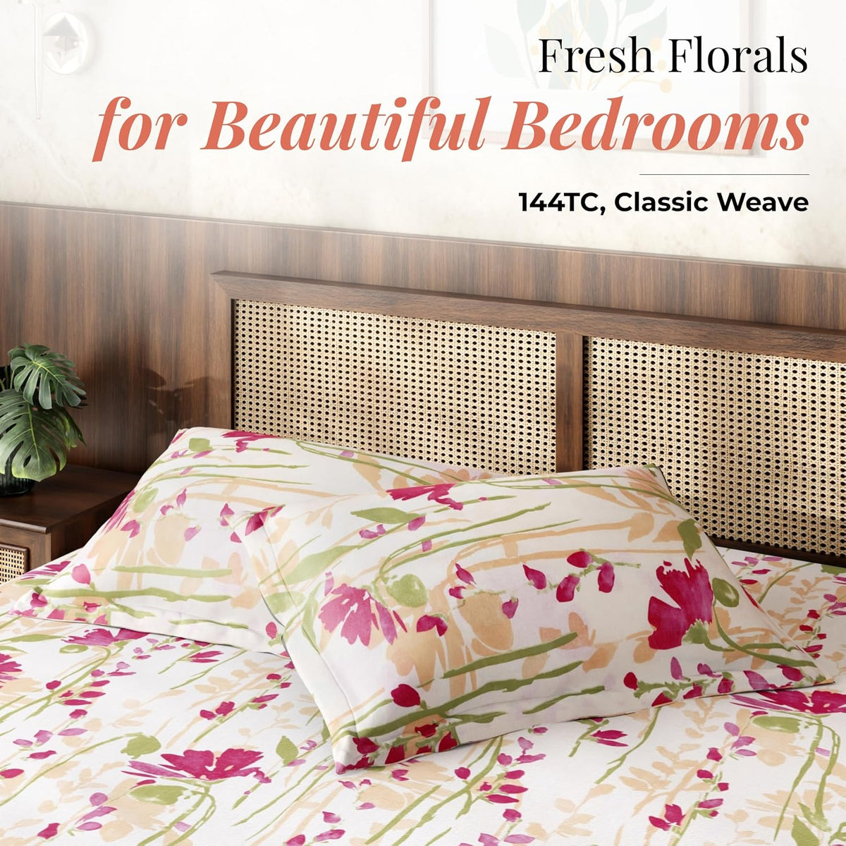 HOKIPO King Size Cotton Bedsheet, 2 Pillow Covers, Painted Garden, Fuchsia - image 2