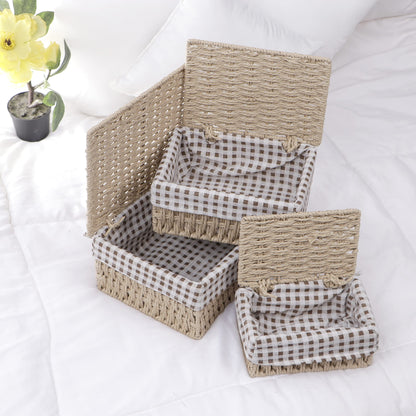 Environmental Friendly Paper Rope Wicker Storage Baskets with lid, Pack of 3, Beige