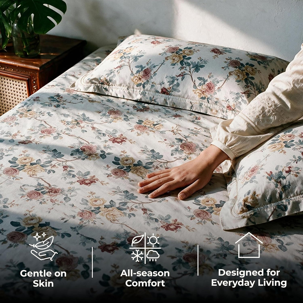 HOKIPO Floral 180 TC Cotton Twill Flat Bedsheet in King Size, Blue & Red - image 4