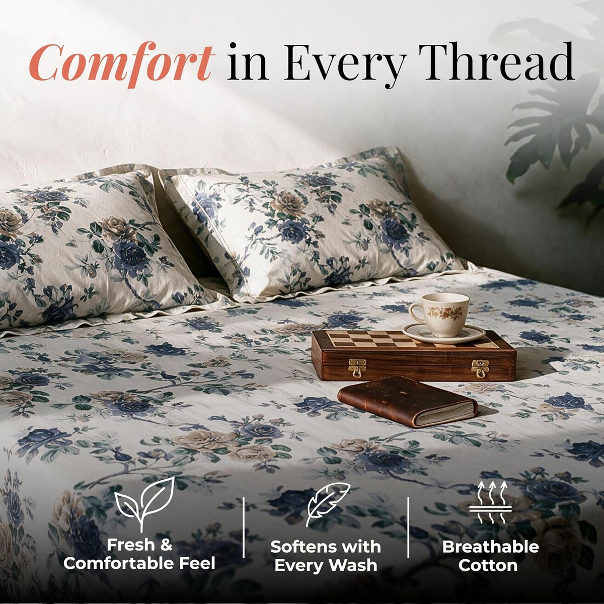 HOKIPO Floral 180 TC Cotton Twill Flat Bedsheet in King Size, Blue & White - image 3