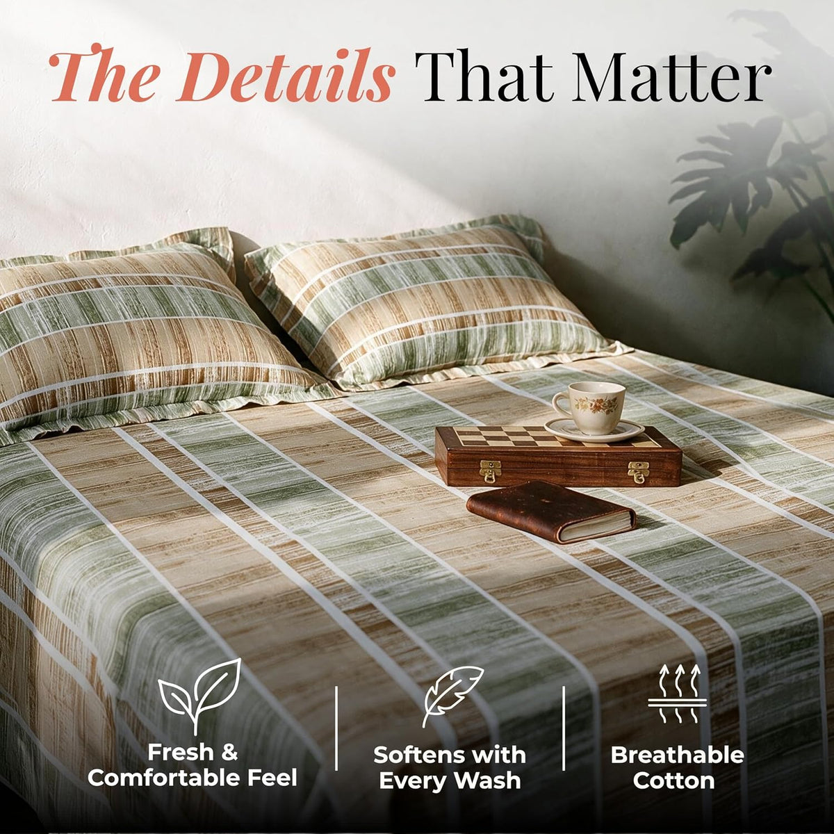 HOKIPO 180 TC Cotton Twill Flat Bedsheet in King Size, Mustard & Green - image 3