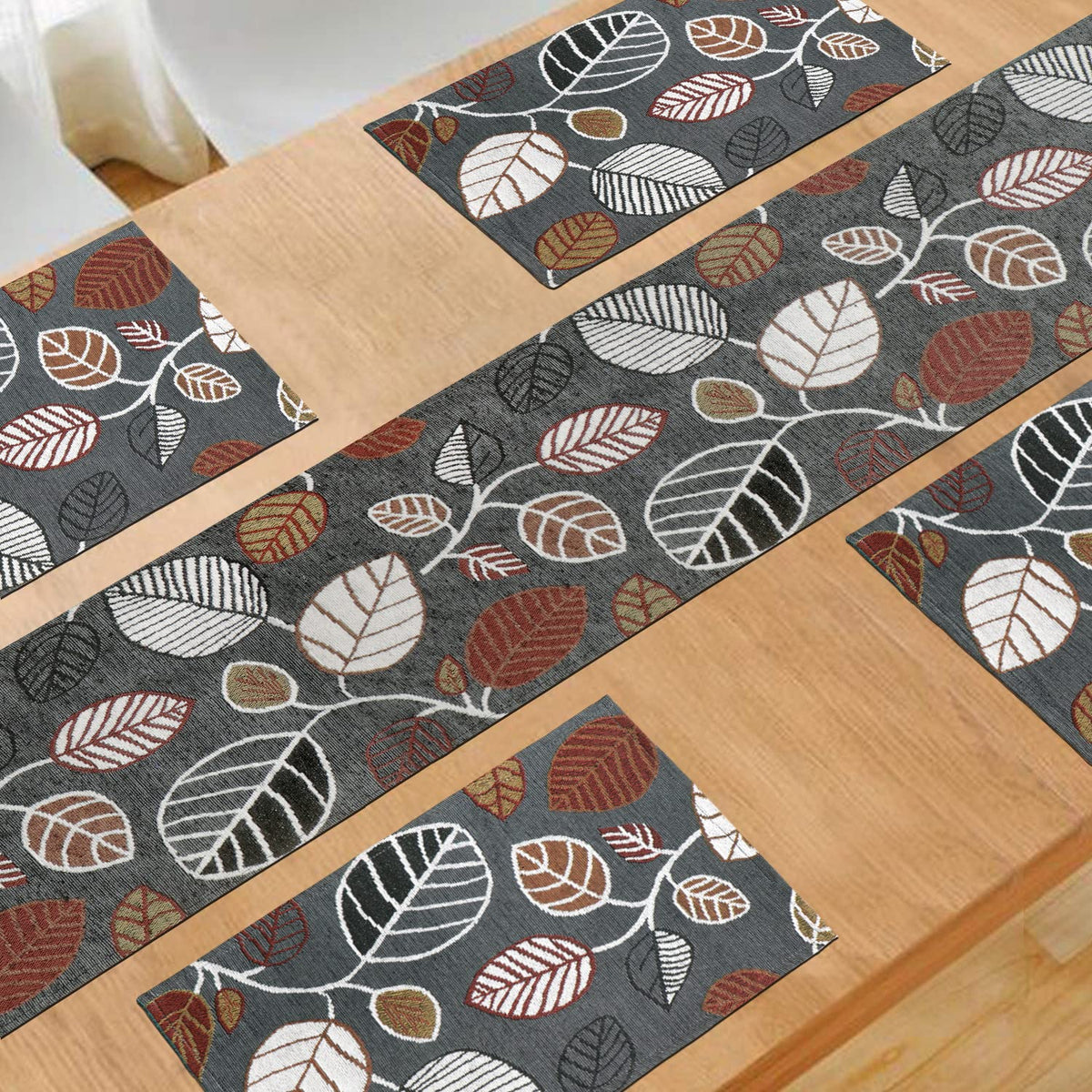 Cotton Jacquard Dining Table Mats, Grey Leaves