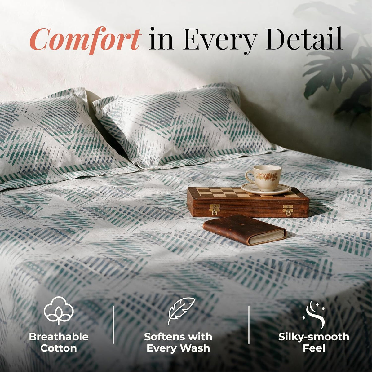 HOKIPO Geometric 300 TC Cotton Sateen Flat Bedsheet, King Size, Teal Grey - image 3