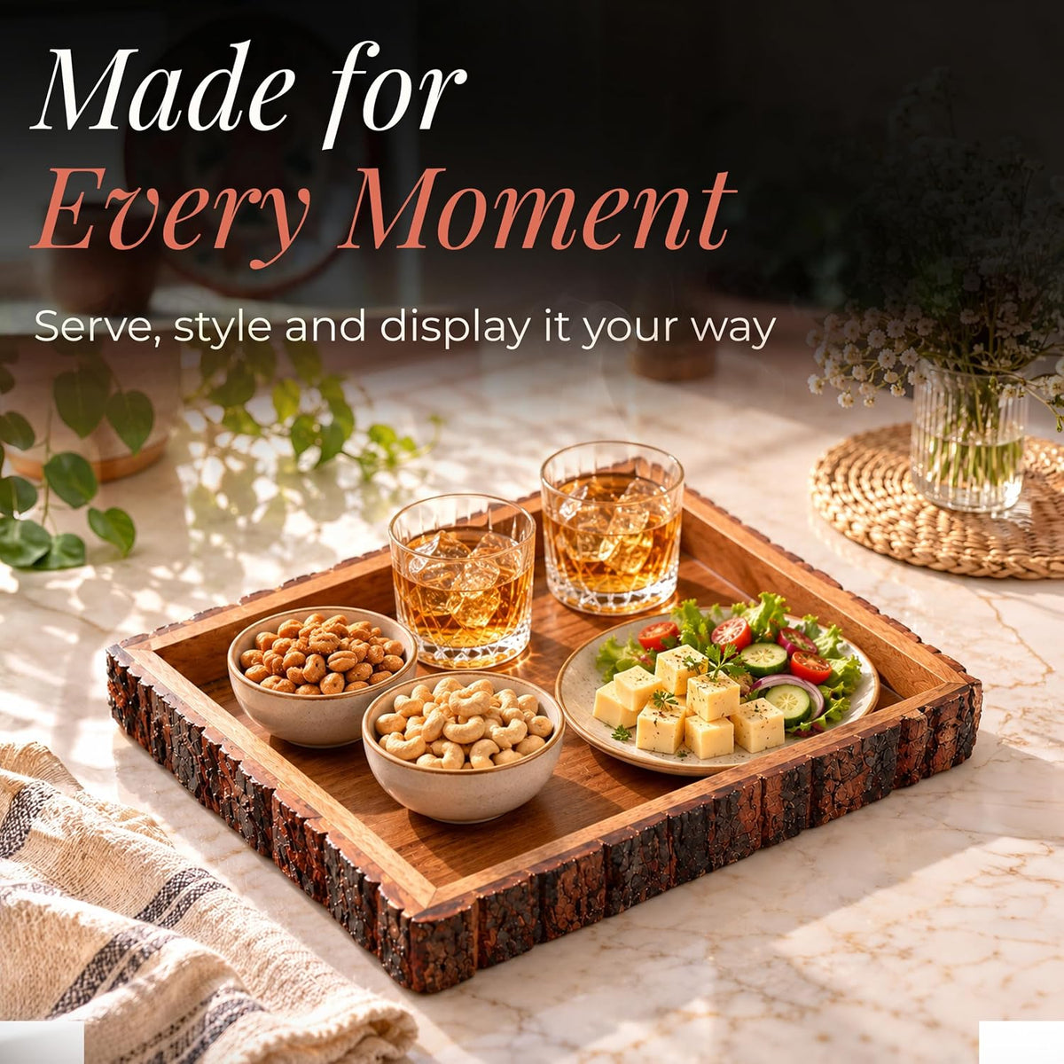 HOKIPO Arbor Mango Wood Serving Tray with Bark Edge, Rectangle 37.5 x 25 cm - image 2