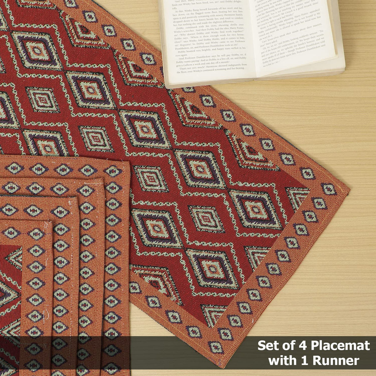 Cotton Jacquard Dining Table Mats, Red Diamond