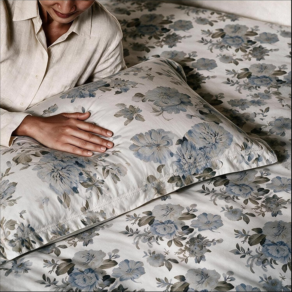 HOKIPO Vintage 180 TC Cotton Percale Flat Bedsheet, King Size, Blue & Grey - image 7
