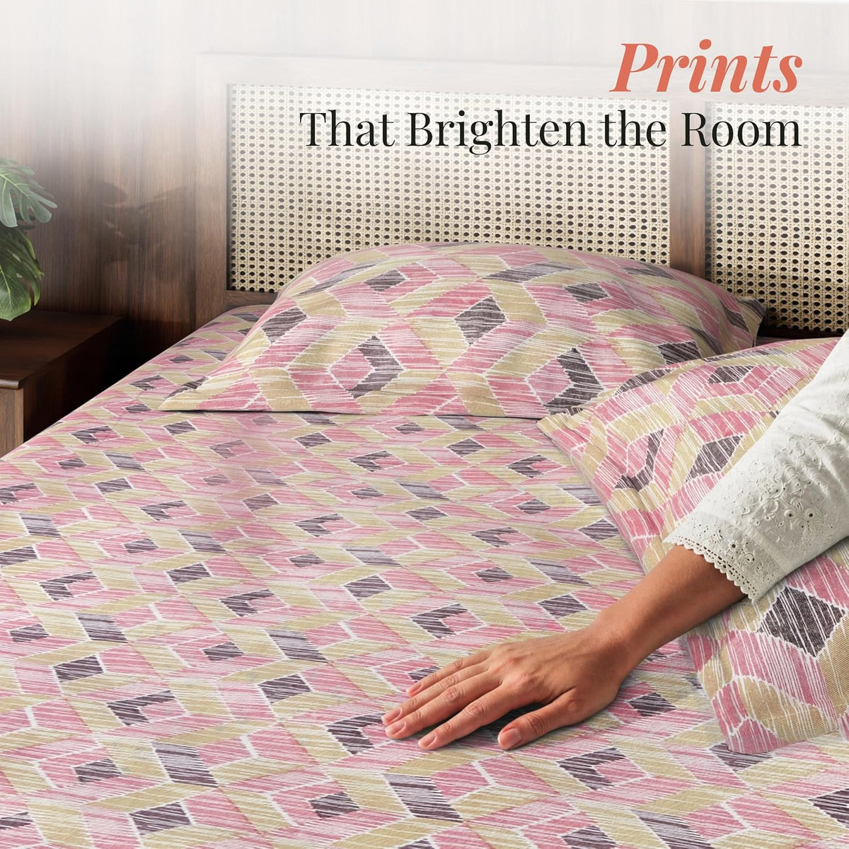 HOKIPO King Size Cotton Bedsheet, 2 Pillow Covers, Geometric, Blush Sand - image 5