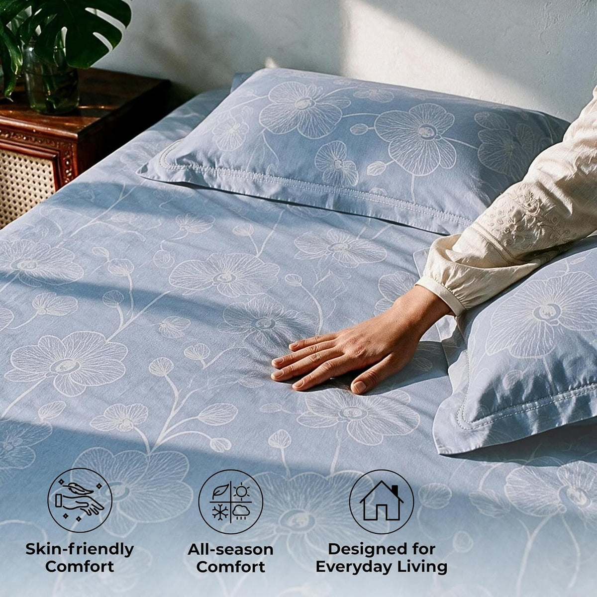 HOKIPO Line Art 180 TC Cotton Percale Flat Bedsheet, King Size, Powder Blue - image 4