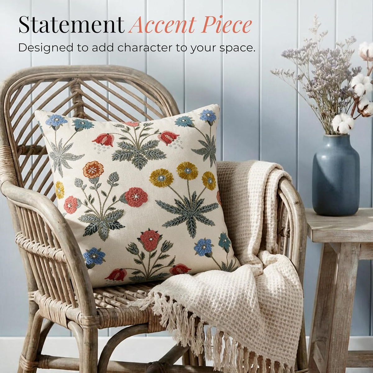 HOKIPO Crewel Embroidered Cushion Cover, Floral Multicolor, 16 x 16 in - image 5
