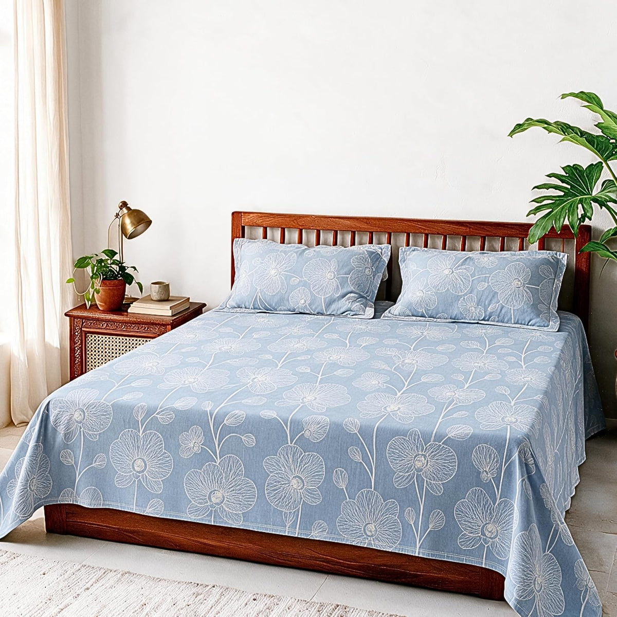 HOKIPO Vintage 180 TC Cotton Percale Flat Bedsheet, King Size, Blue & Grey - image 11