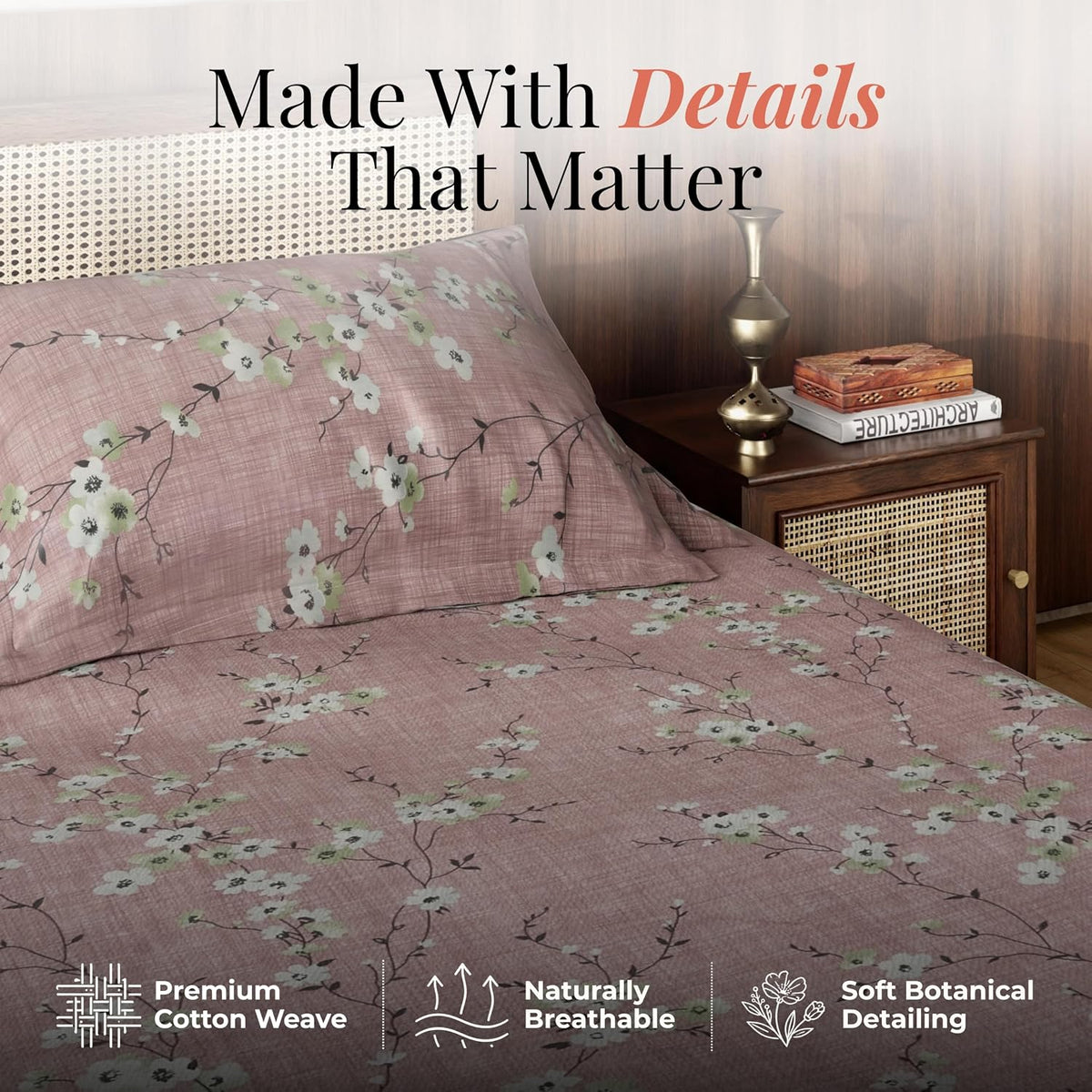 HOKIPO King Size Cotton Bedsheet, 2 Pillow Covers, Floral, Antique Rose - image 4