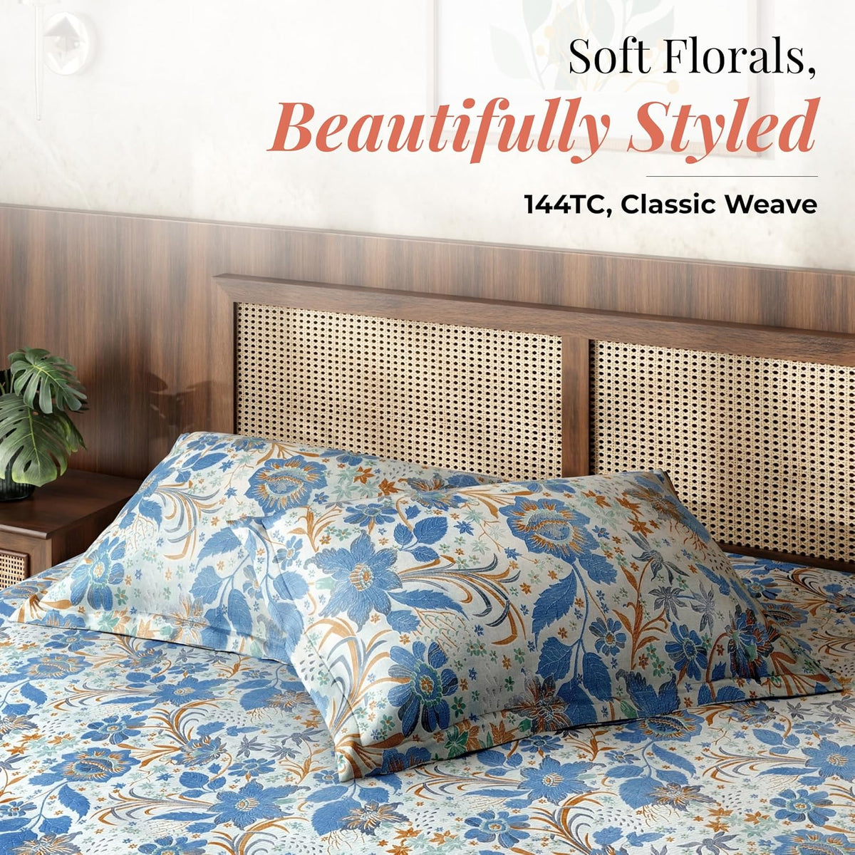 HOKIPO King Size Cotton Bedsheet, 2 Pillow Covers, Floral, Indigo Blue - image 2