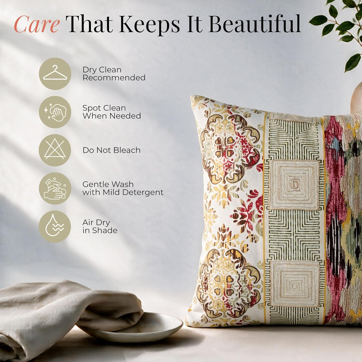 HOKIPO Satin Stitch Embroidery Cushion Cover, Multicolor Eclectic, 16 x 16 in - image 6