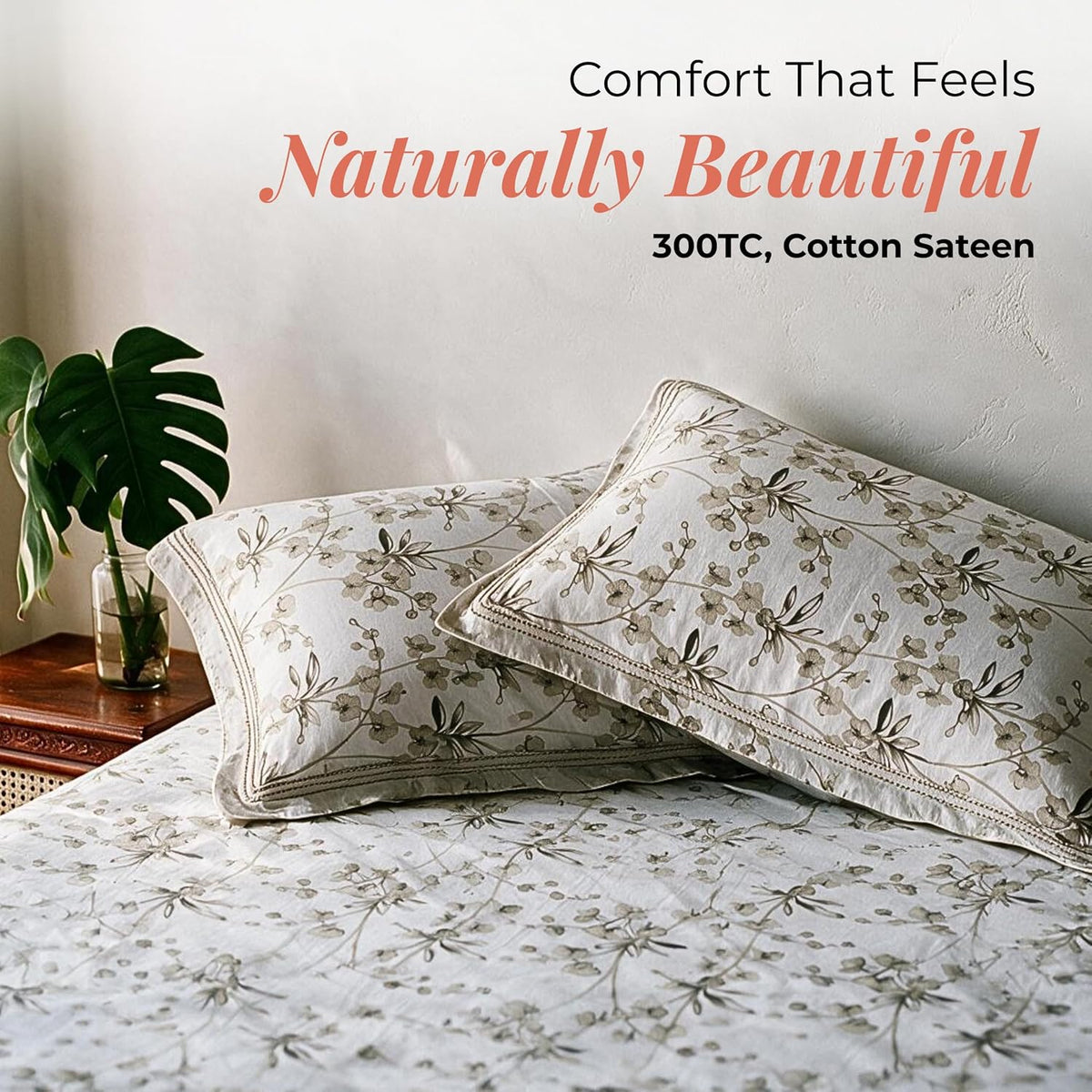 HOKIPO Cherry Blossom 300TC Cotton Sateen Flat Bedsheet, King, Seaweed & Sage - image 2