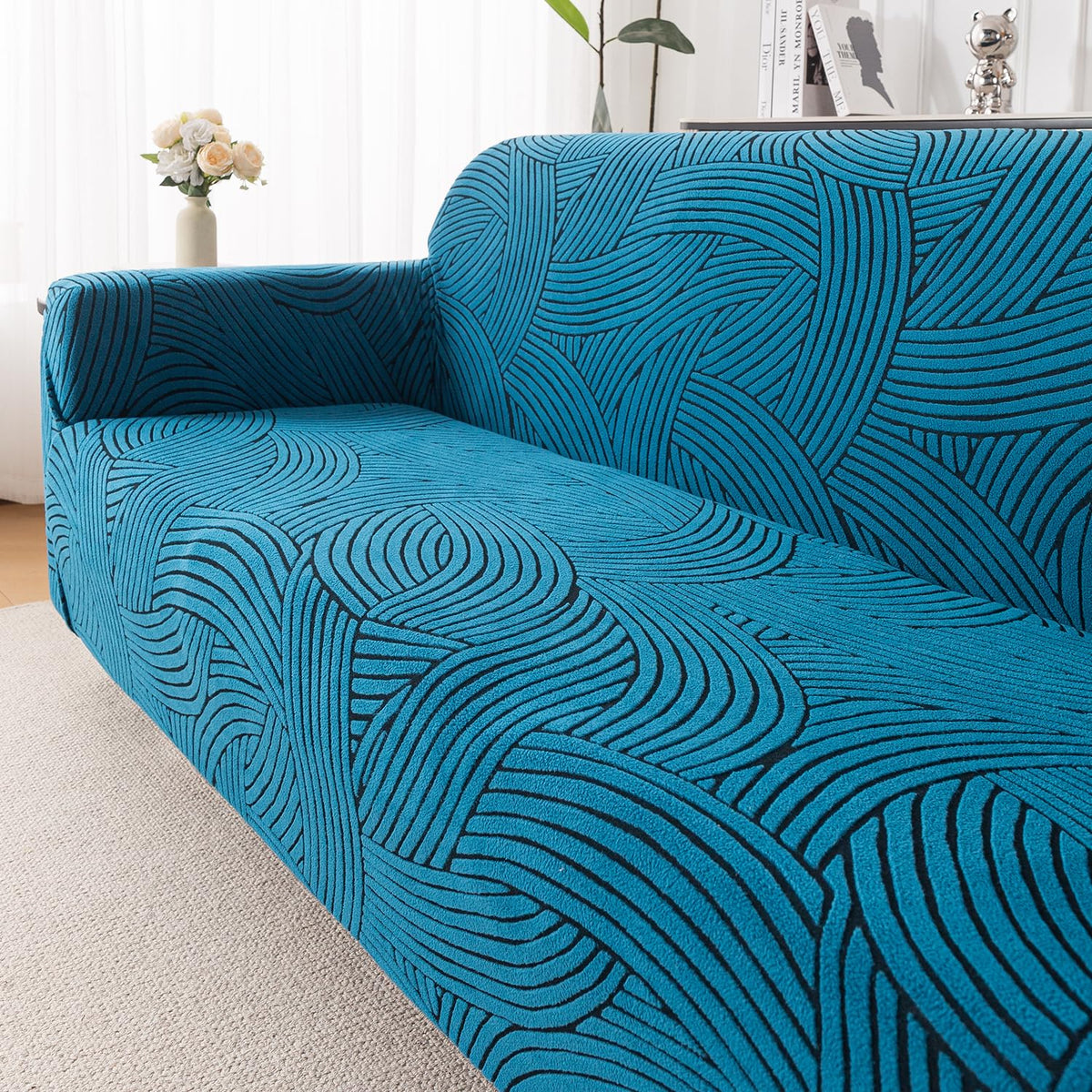 'WaveLine Series' Jacquard Sofa Cover 1/2/3/4-seater Fully Covered, Teal Green