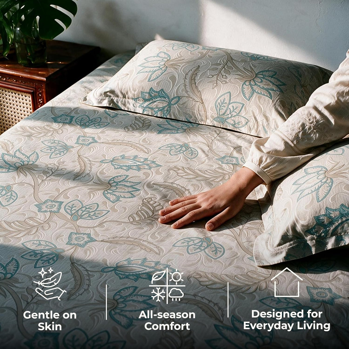 HOKIPO Floral 180 TC Cotton Twill Flat Bedsheet in King Size, Aquamarine - image 4