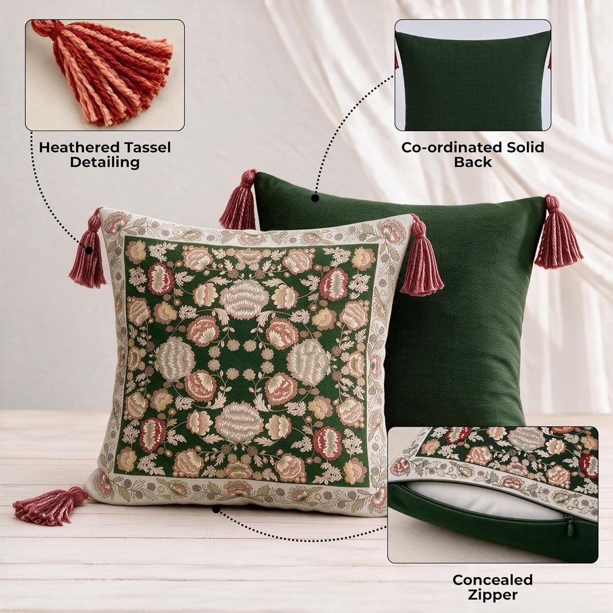 HOKIPO Garden Floral Printed & Embroidered Cushion Cover, Terracotta, Set of 2 - image 4