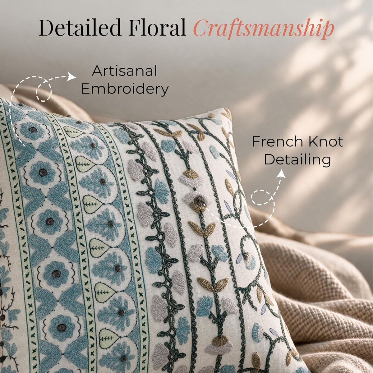 HOKIPO Printed Cushion Cover with Embroidery, Floral Strip Ivory, 16 x 16 in (Heathered Embroidery) - image 3