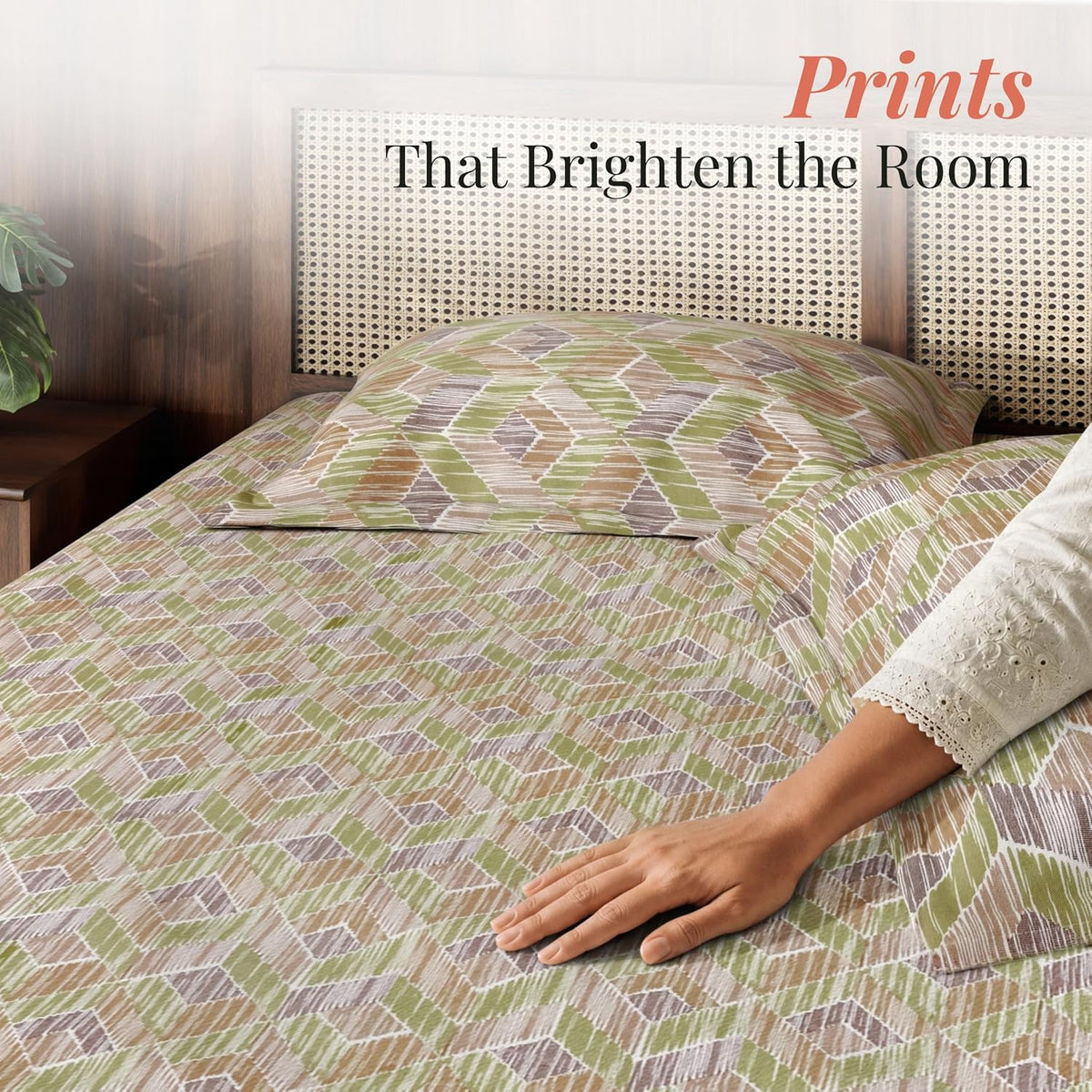 HOKIPO King Size Cotton Bedsheet, 2 Pillow Covers, Geometric, Citrus Sand - image 5