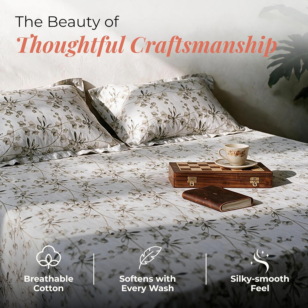 HOKIPO Cherry Blossom 300TC Cotton Sateen Flat Bedsheet, King, Seaweed & Sage - image 3