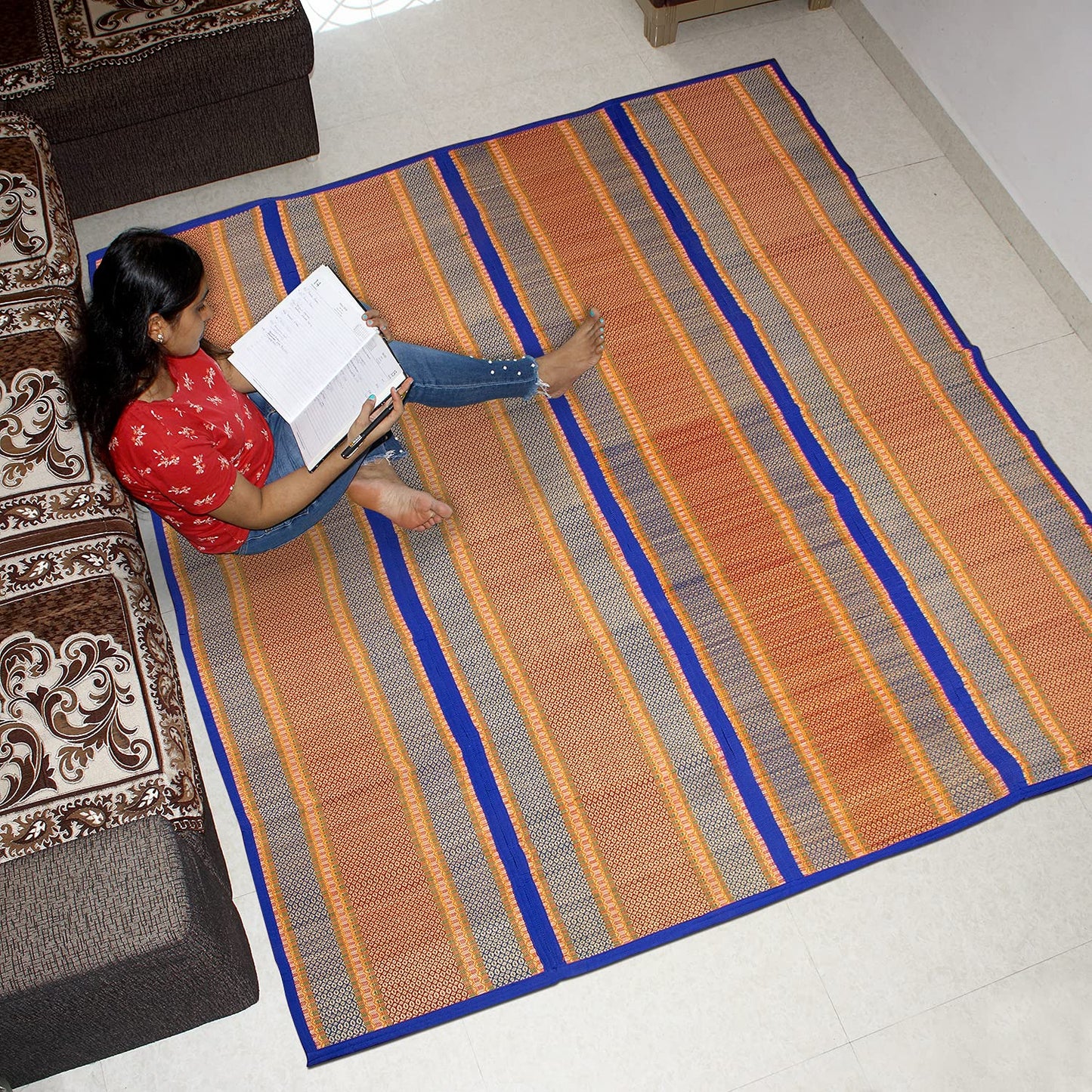 Natural Handmade Madurkathi Large Chatai Mats for Home, Blue