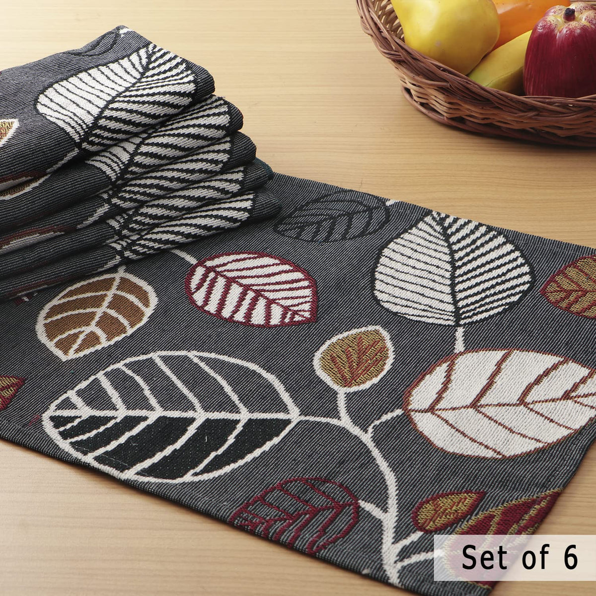 Cotton Jacquard Dining Table Mats, Grey Leaves