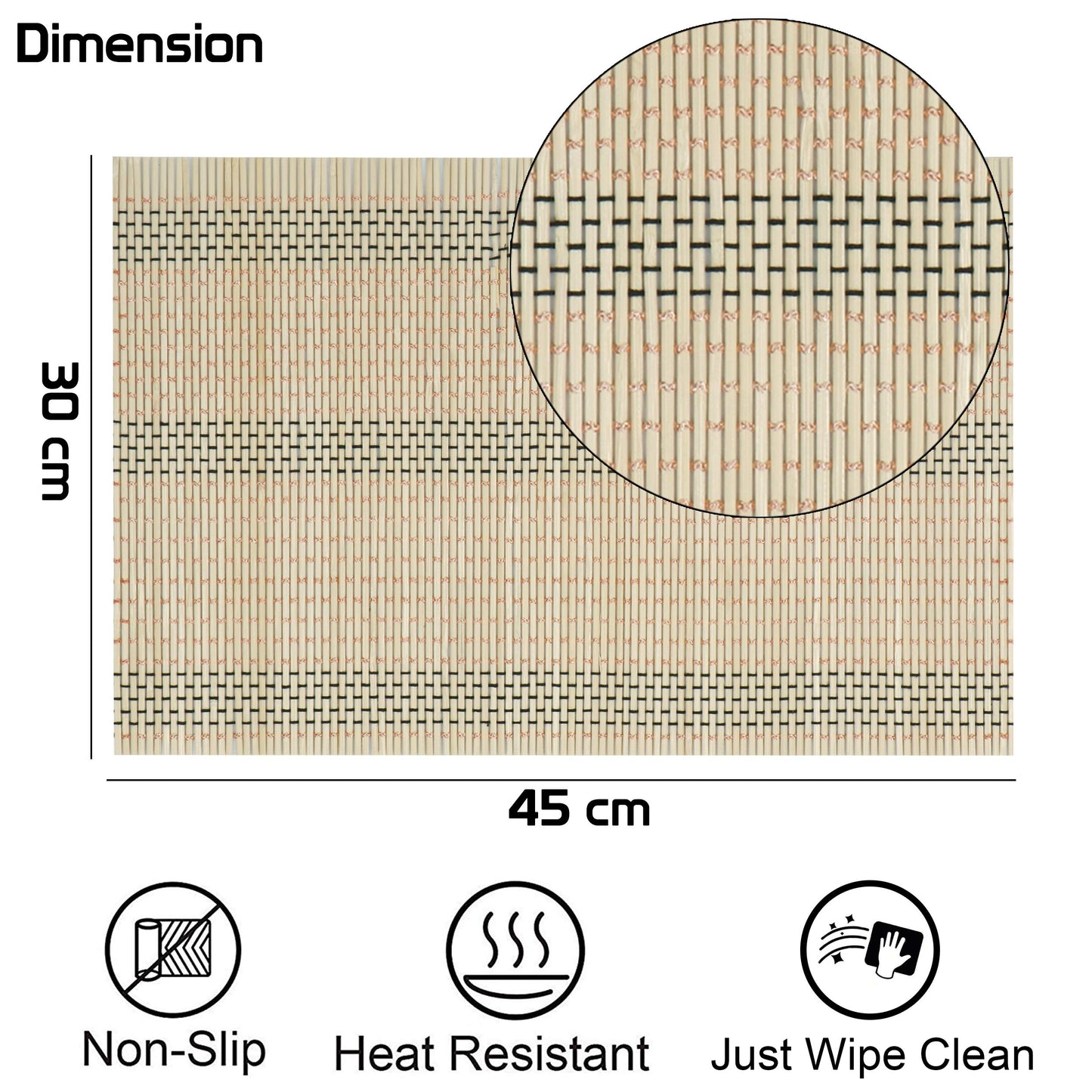 Reversible Bamboo Placemats Set Of 6 Table Mats, 45X30 Cm, Beige