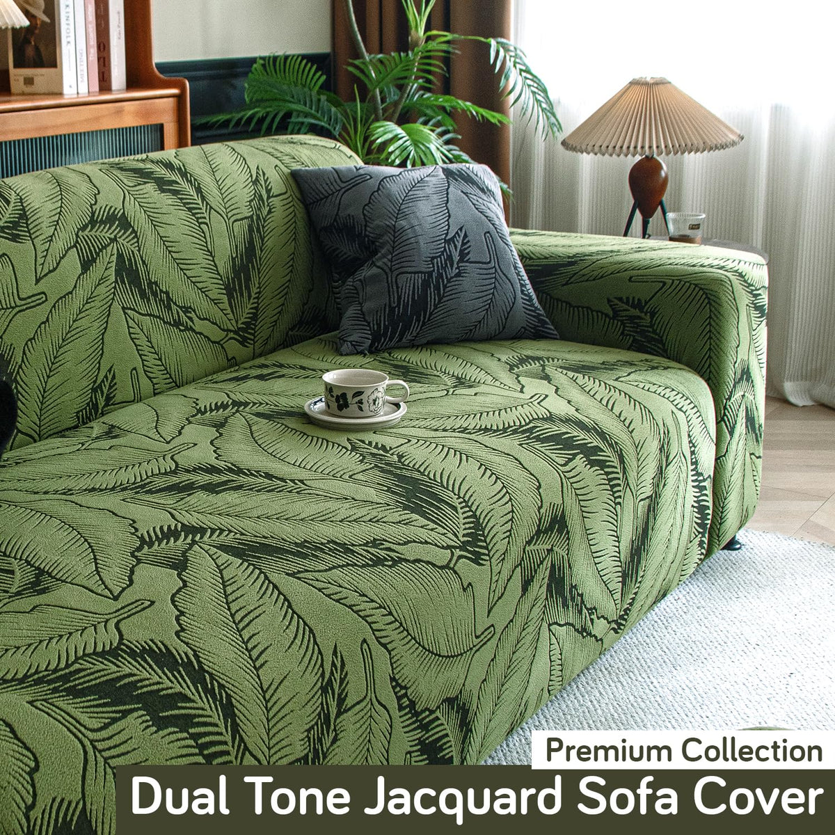 Dual Tone Knitting Jacquard Sofa Cover 1/2/3 Seater Fully Covered - Olive Green