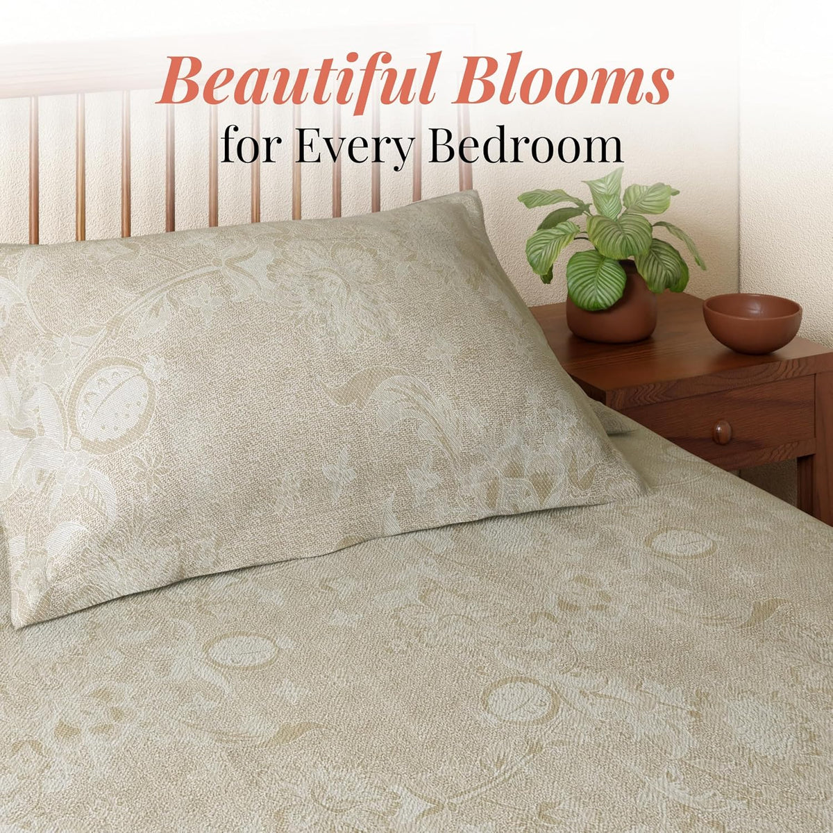 HOKIPO King Size Cotton Bedsheet, 2 Pillow Covers, Floral, Beige & Ivory - image 2