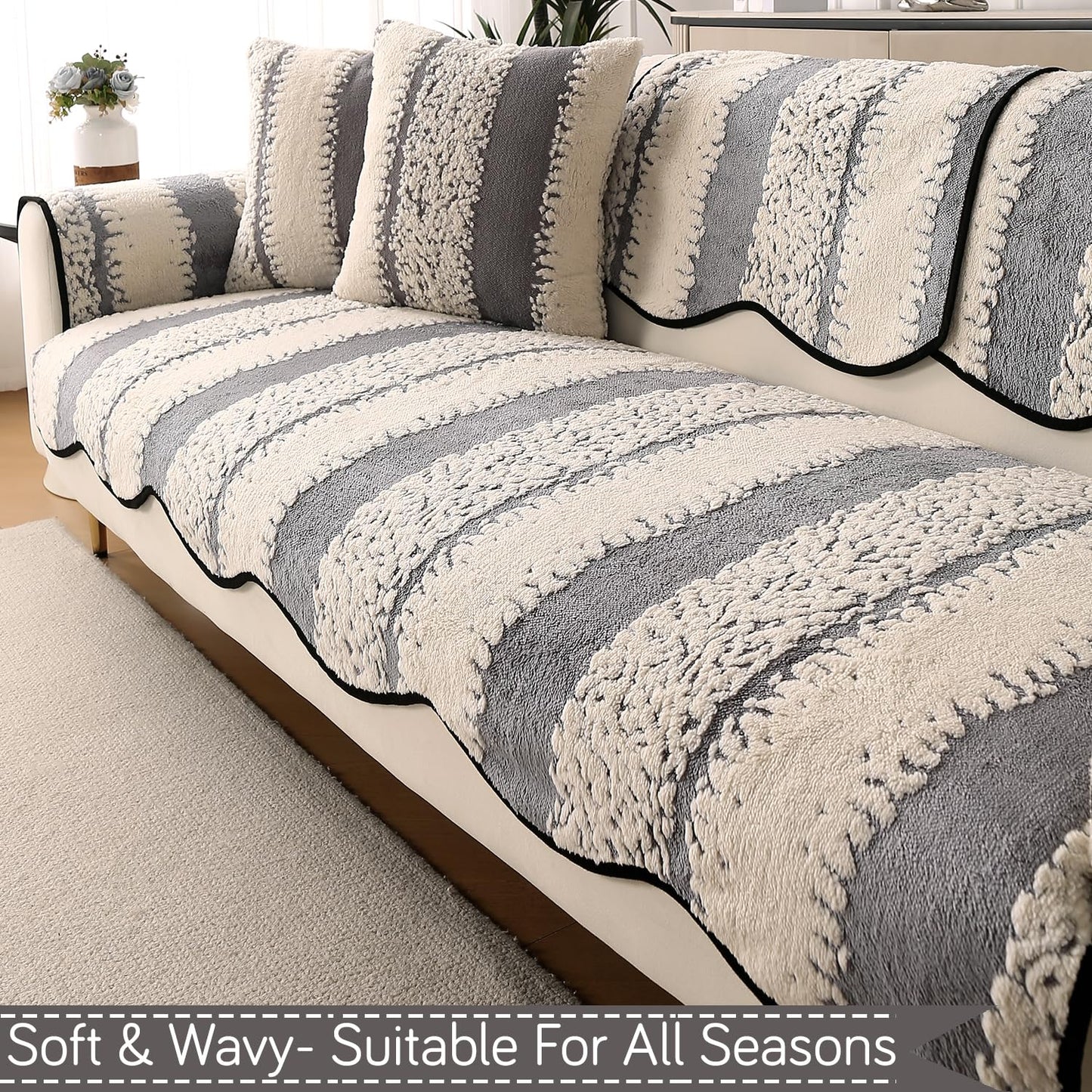 Luxury Sofa Cover Set | Seat, Back & Arm Covers | Anti-Slip Wavy Mat – Pewter Grey
