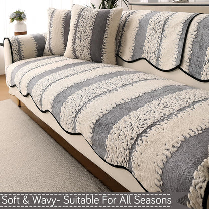 Luxury Sofa Cover Set | Seat, Back & Arm Covers | Anti-Slip Wavy Mat – Pewter Grey
