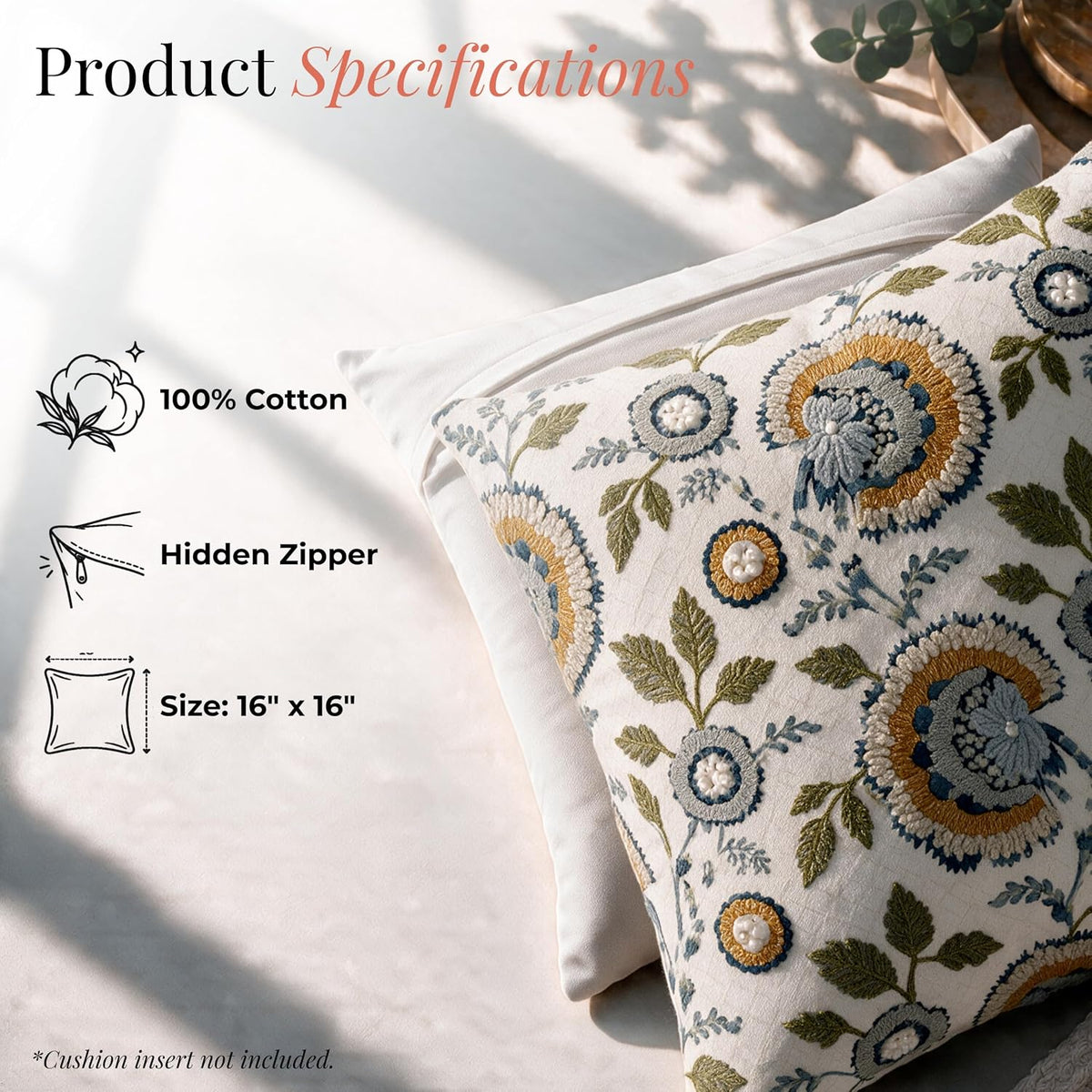 HOKIPO Chenille Embroidered Cushion Cover, Floral Motif Sage Blue, 16 x 16 in - image 4