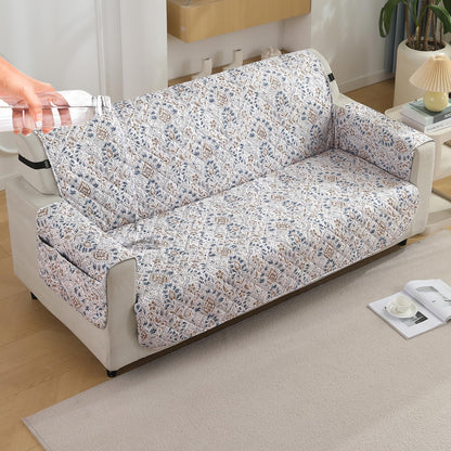 Quilted Waterproof Sofa Cover Mat with Pockets on Armrest Cover -Damask White