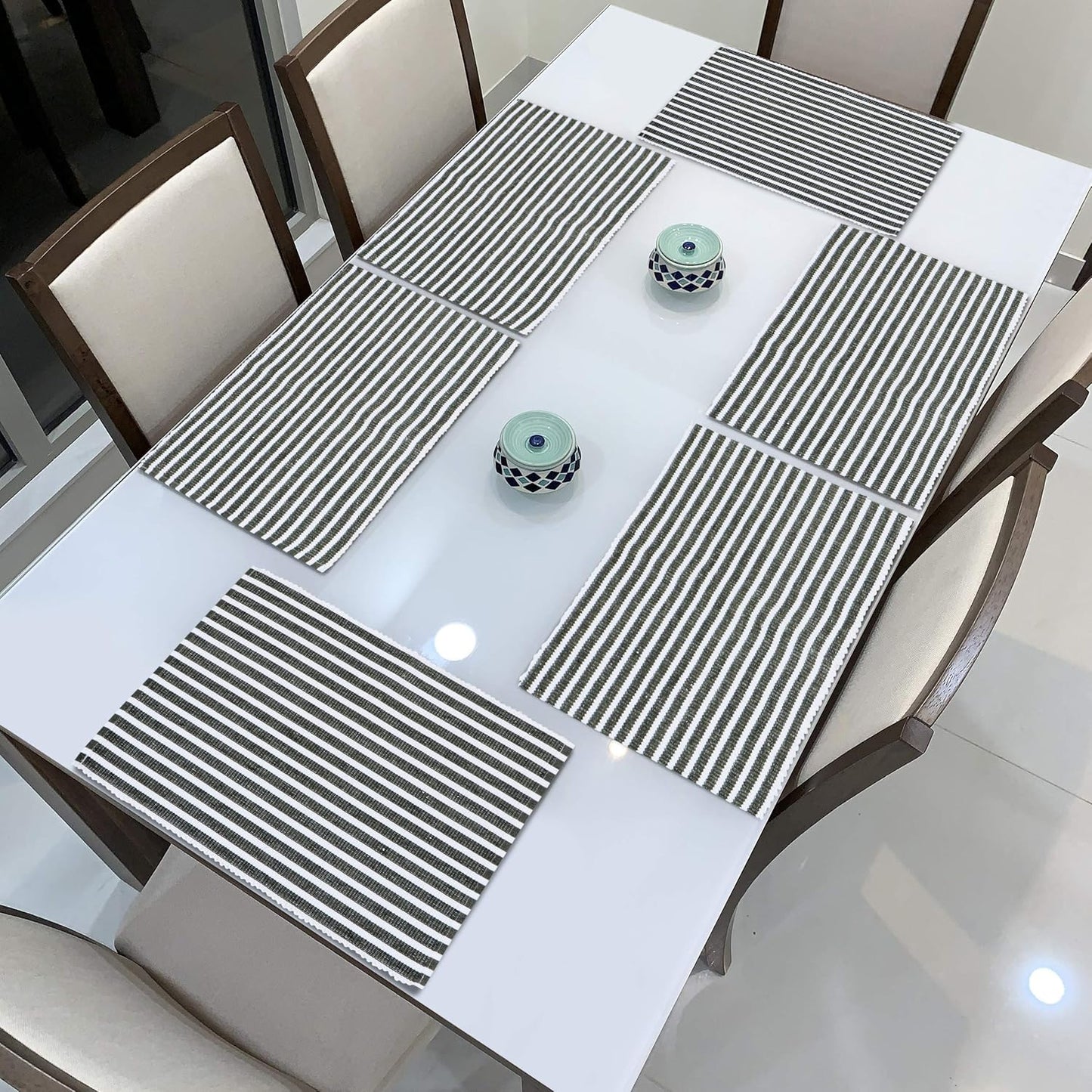 Ribbed Cotton Heat Resistant Dining Table Mat, Grey Striped