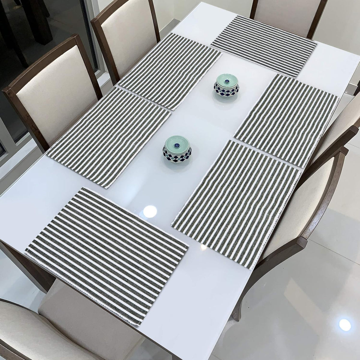 Ribbed Cotton Heat Resistant Dining Table Mat, Grey Striped
