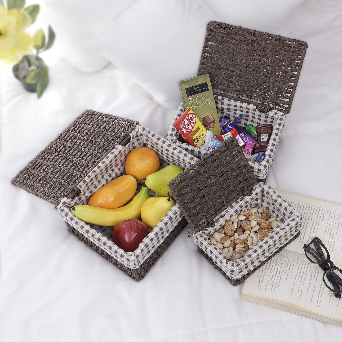 Environmental Friendly Paper Rope Wicker Storage Baskets with lid, Set of 3, Brown