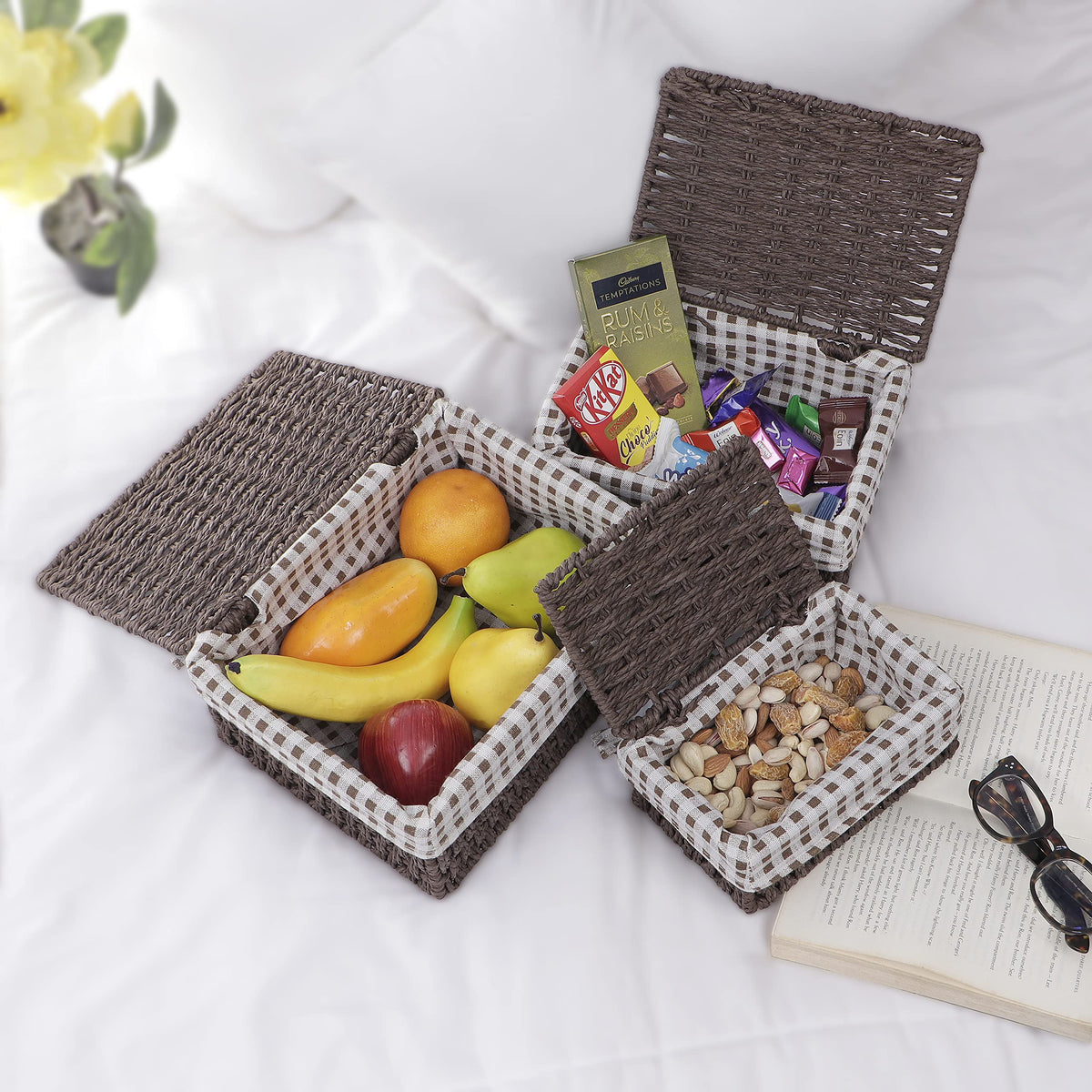 Environmental Friendly Paper Rope Wicker Storage Baskets with lid, Set of 3, Brown