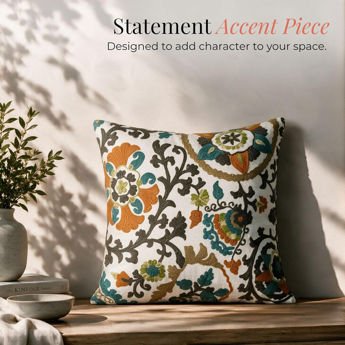 HOKIPO Crewel Embroidered Cushion Cover, Botanical Vine Grey, 16 x 16 in - image 5