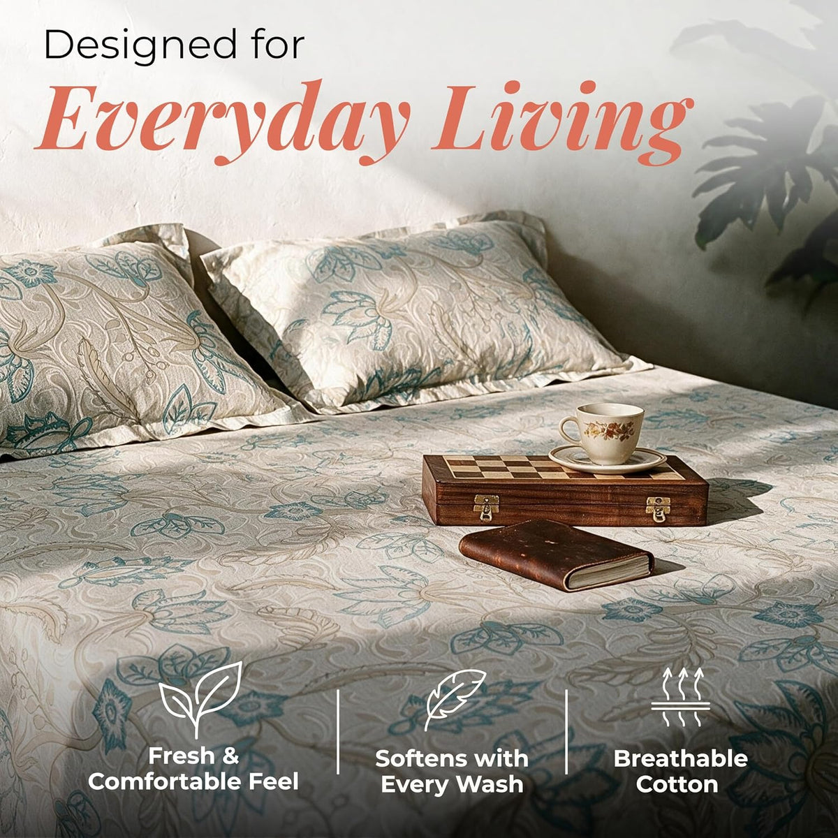 HOKIPO Floral 180 TC Cotton Twill Flat Bedsheet in King Size, Aquamarine - image 3