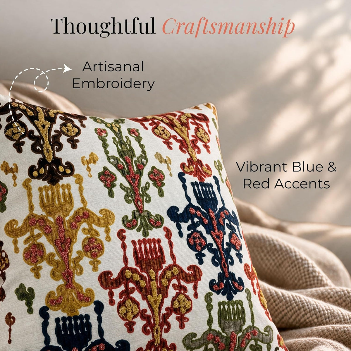 HOKIPO Crewel Embroidery Cushion Cover, Multicolor Chandelier, 16 x 16 in - image 3