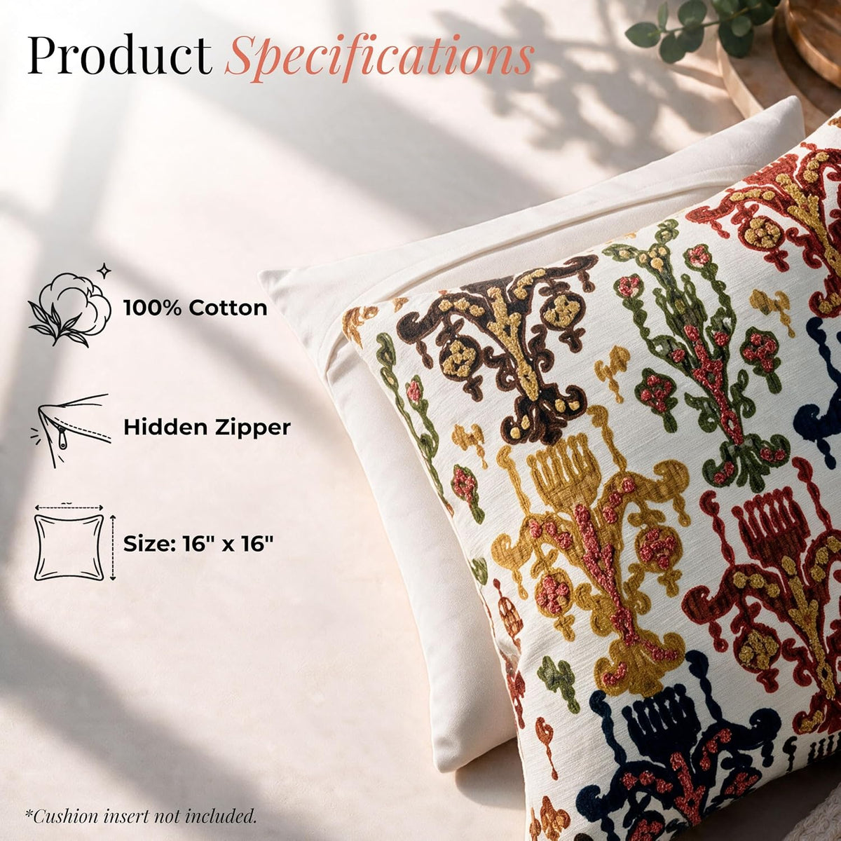 HOKIPO Crewel Embroidery Cushion Cover, Multicolor Chandelier, 16 x 16 in - image 4