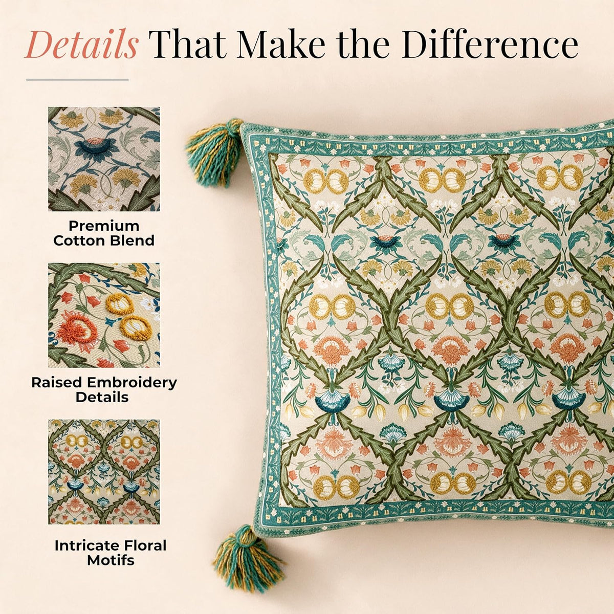 HOKIPO Floral Motif Printed & Embroidered Cushion Cover, Teal, Set of 2 - image 3