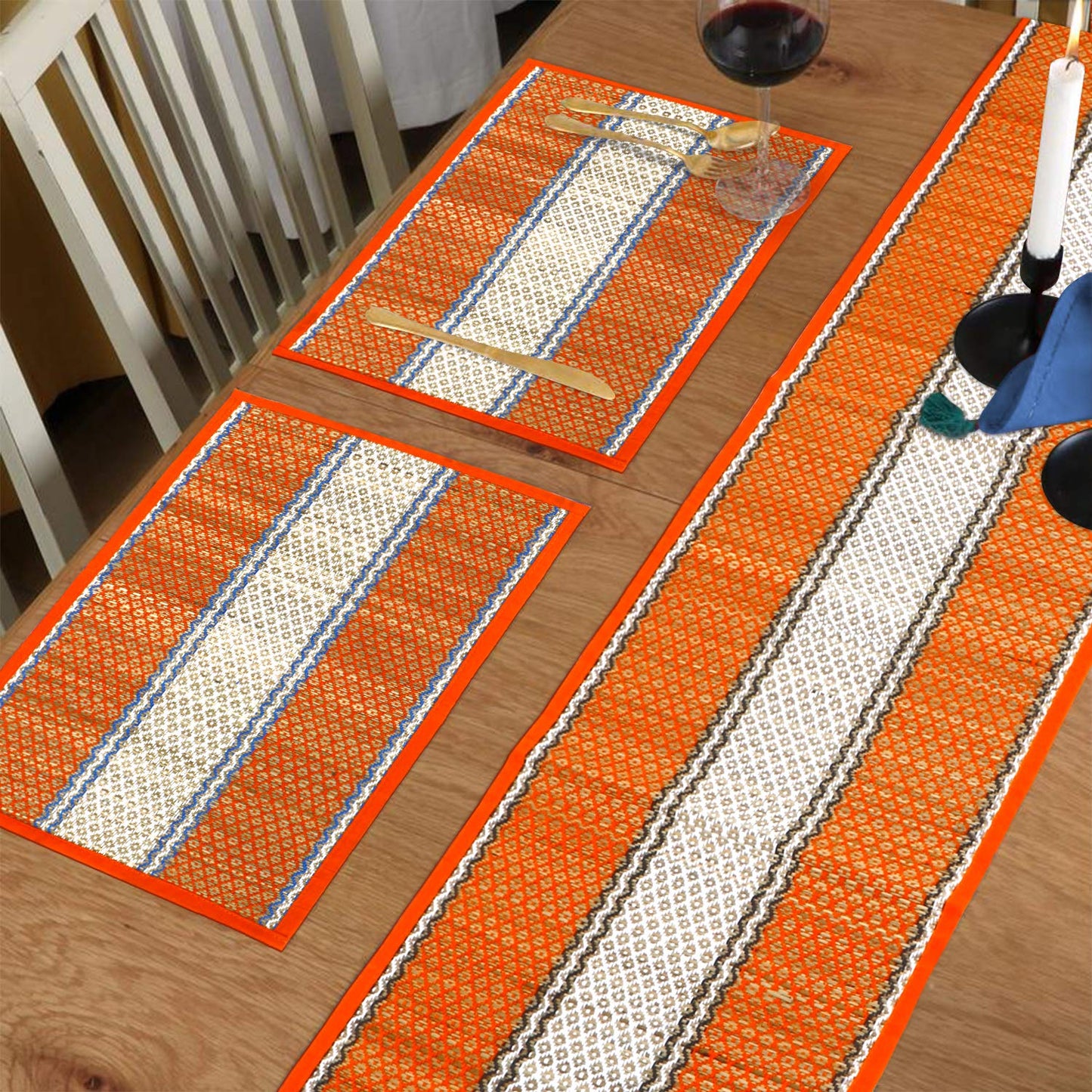 Handmade Madurkathi River Grass Dining Table Mats, Orange