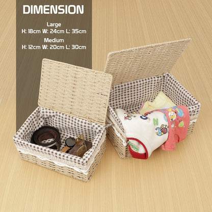 Environmental Friendly Paper Rope Wicker Storage Baskets with lid, Set of 2, Beige